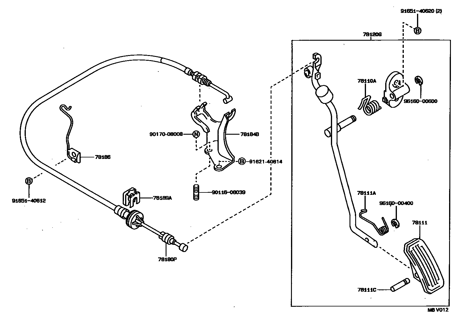 Toyota COROLLA accelerator pedal connecting rod EPC diagram — MBV012
