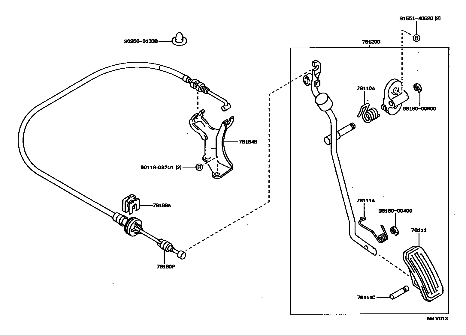 Toyota COROLLA accelerator pedal connecting rod EPC diagram — MBV013