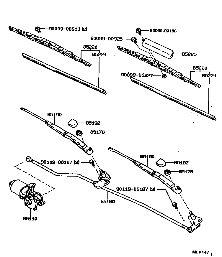 Toyota COROLLA 挡风玻璃刮水器 EPC diagram — MER147