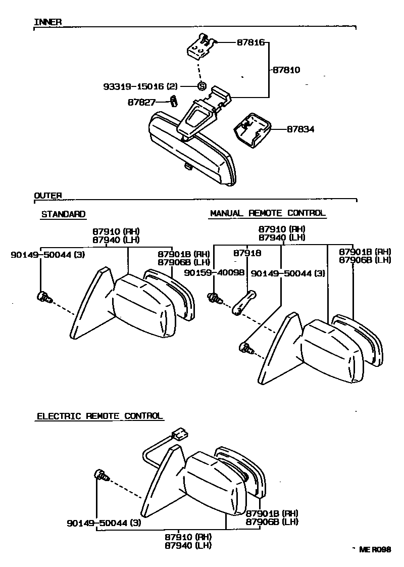 Toyota COROLLA 后视镜 EPC diagram — MER098