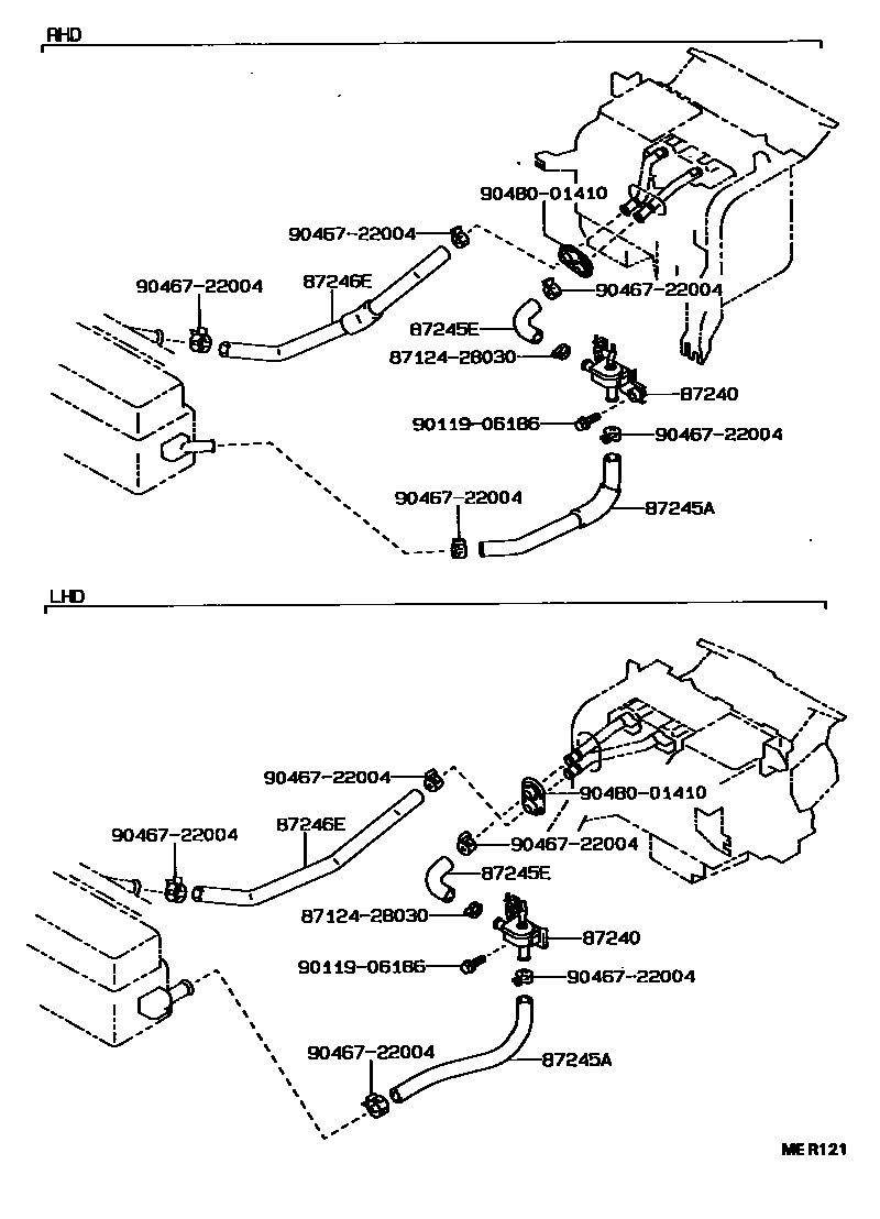 Toyota COROLLA 暖风和空调系统 - 水管 EPC diagram — MER121