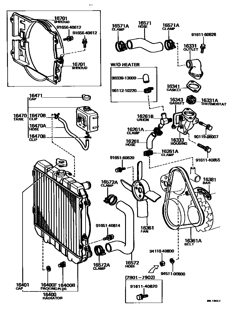 Toyota COROLLA RADIATOR & WATER OUTLET EPC diagram — MA1343F