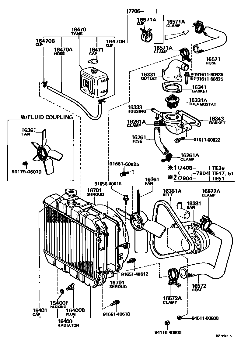Toyota COROLLA RADIATOR & WATER OUTLET EPC diagram — MA4463A