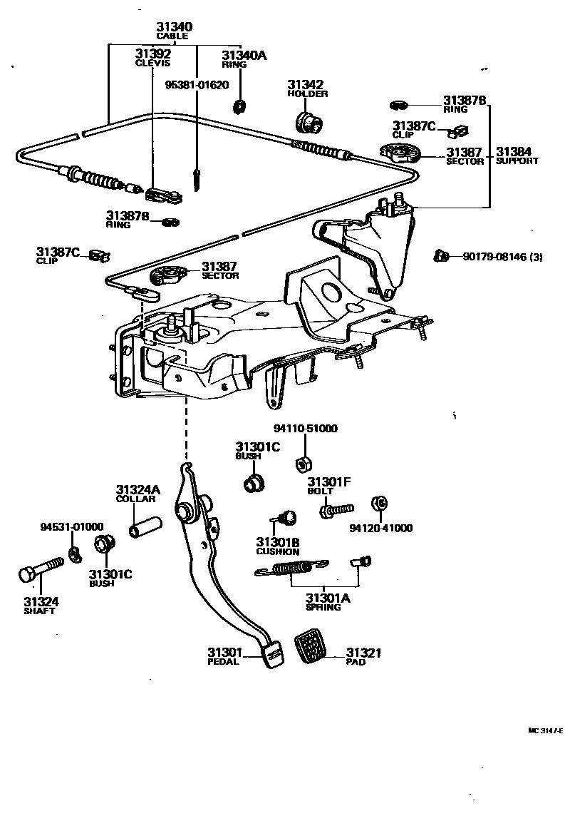 Toyota COROLLA 离合器踏板和挠性软管 EPC diagram — MC3147E