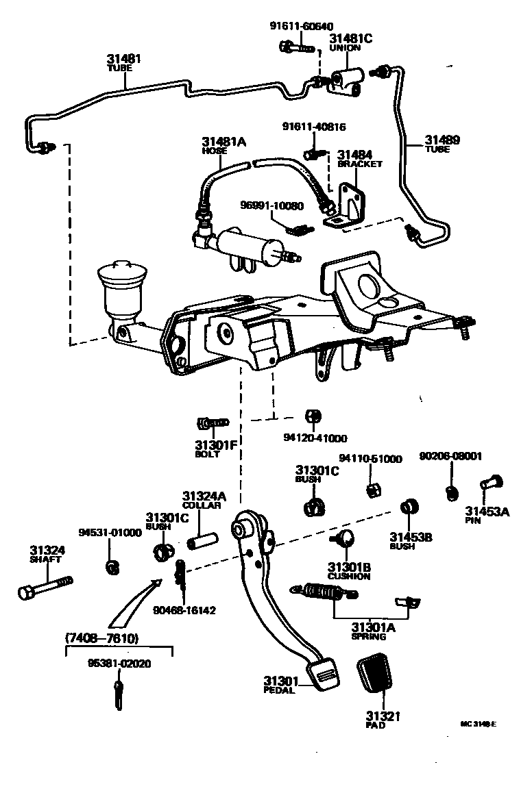 Toyota COROLLA 离合器踏板和挠性软管 EPC diagram — MC3148E