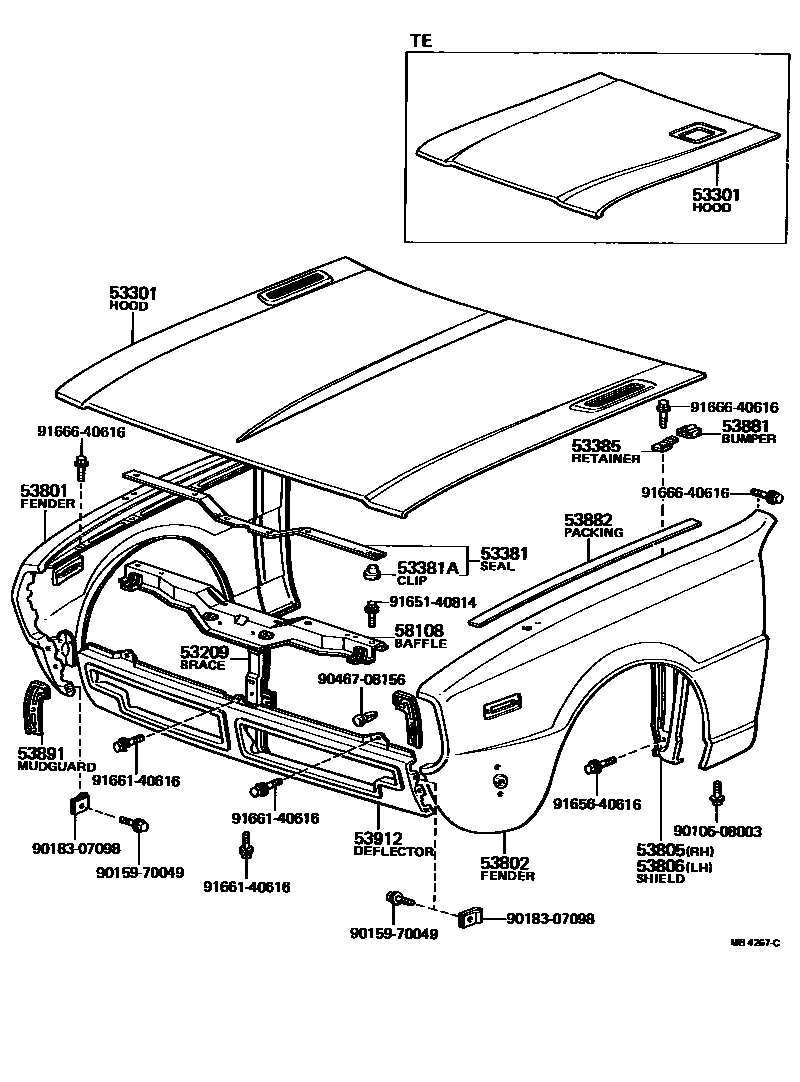 Toyota COROLLA 发动机盖和前翼子板 EPC diagram — MB4267C