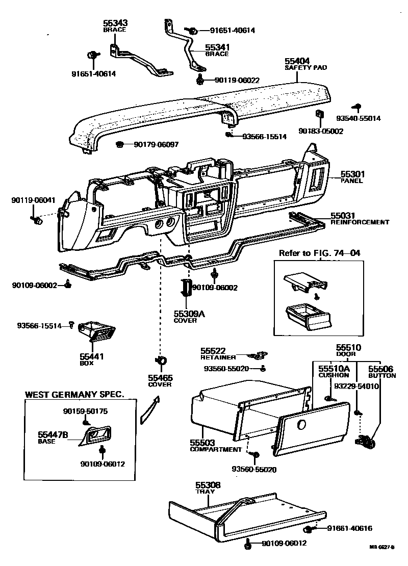 Toyota COROLLA 仪表板和手套箱 EPC diagram — MB6627B