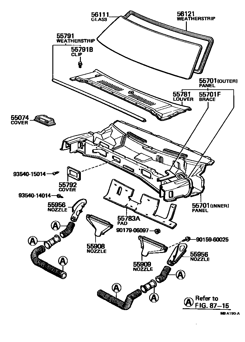 Toyota COROLLA 前围板和挡风玻璃 EPC diagram — MBA190A