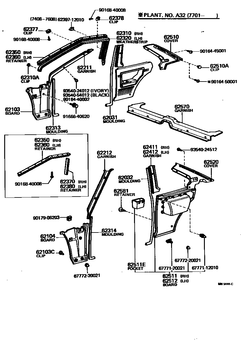Toyota COROLLA 内饰板和车门防水胶条 EPC diagram — MB5444C