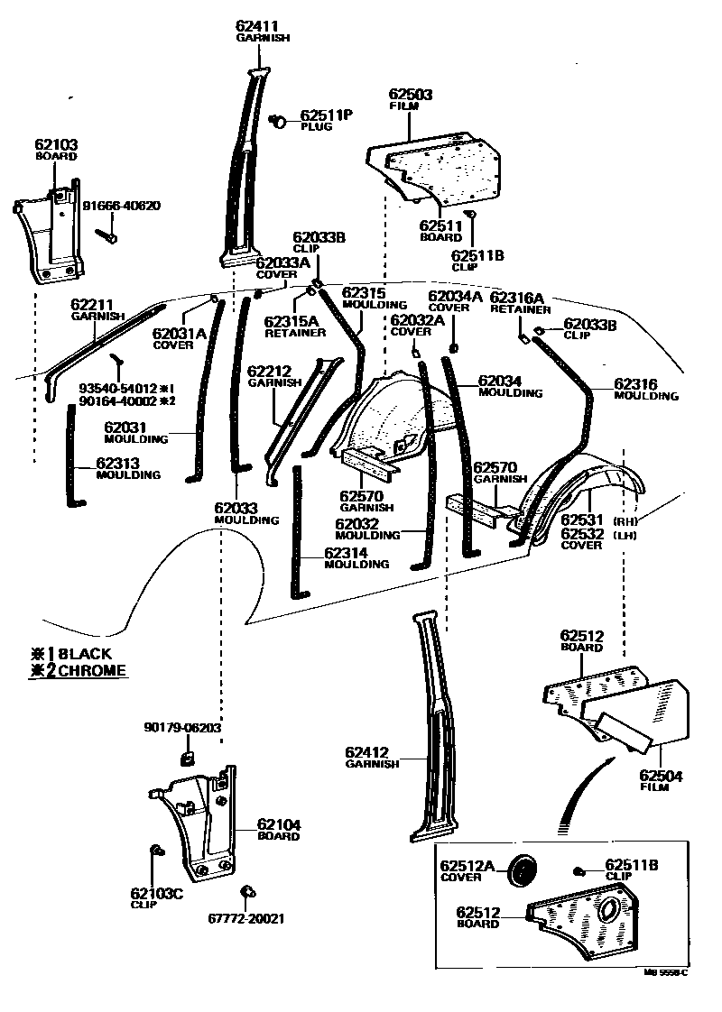 Toyota COROLLA 内饰板和车门防水胶条 EPC diagram — MB5558C