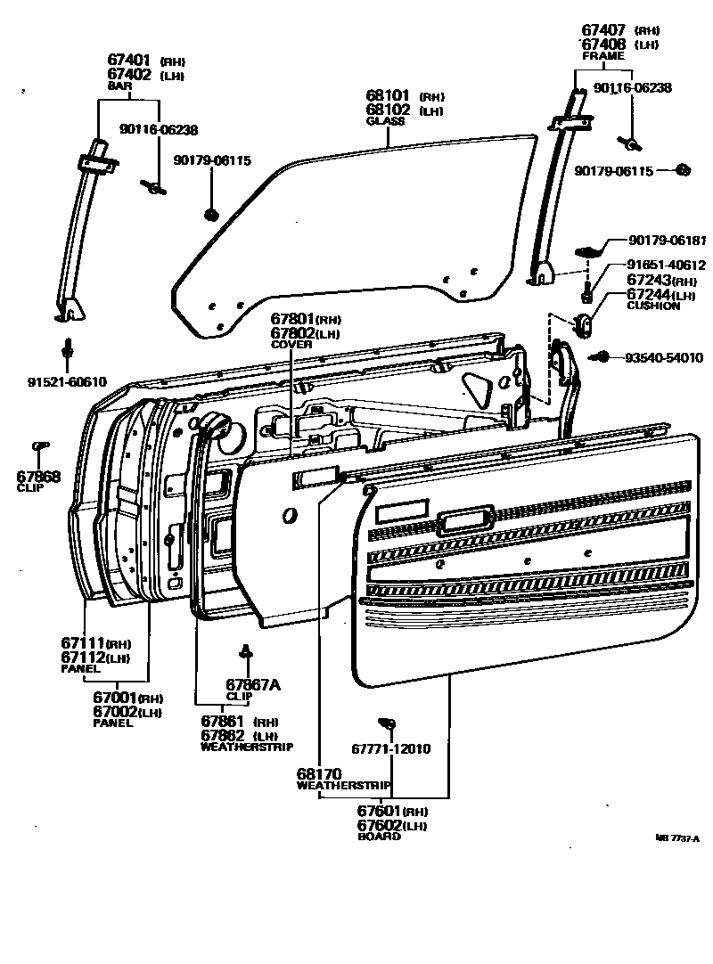 Toyota COROLLA 前门板和前门玻璃 EPC diagram — MB7737A