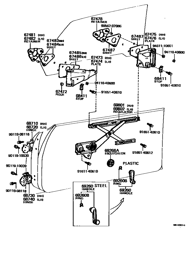 Toyota COROLLA 前门车窗升降器和合页 EPC diagram — MB4059G