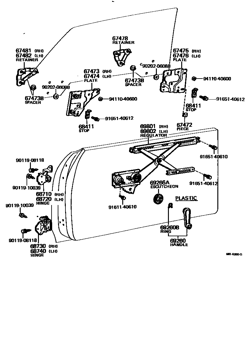 Toyota COROLLA 前门车窗升降器和合页 EPC diagram — MB4060G