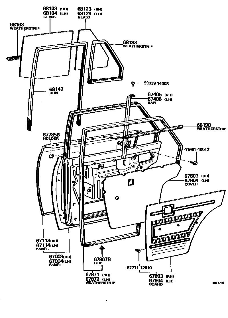 Toyota COROLLA 后门板和后门玻璃 EPC diagram — MB7739