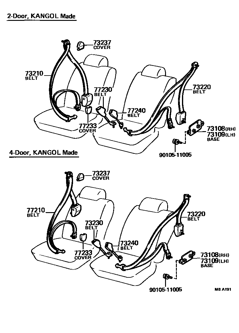 Toyota COROLLA 安全带和儿童保护座椅 EPC diagram — MBA191