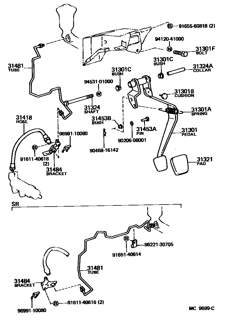 Toyota COROLLA 离合器踏板和挠性软管 EPC diagram — MC9699C