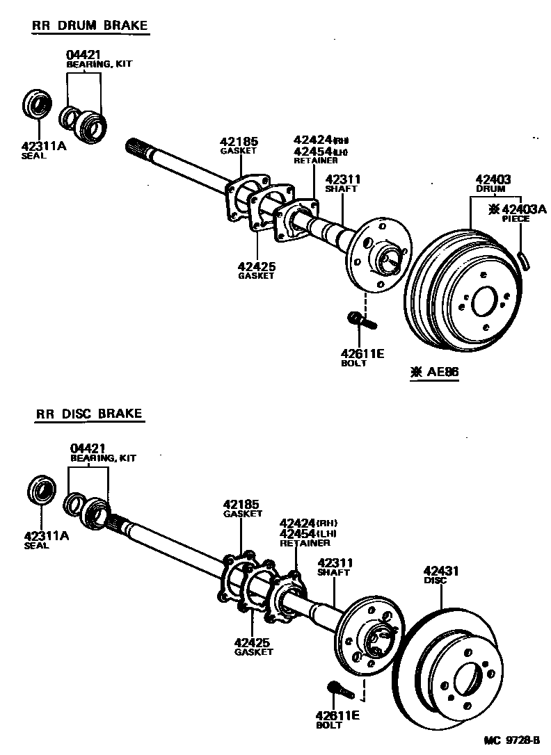 Toyota COROLLA 后桥半轴和后桥轮毂 EPC diagram — MC9728B