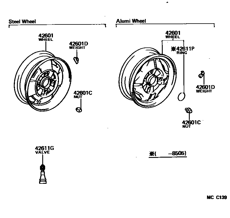 Toyota COROLLA 车轮和车轮盖 EPC diagram — MCC139
