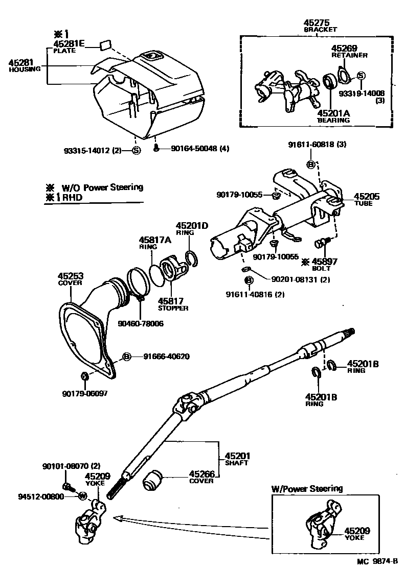 Toyota COROLLA Steering Column & Shaft EPC diagram — MC9874B