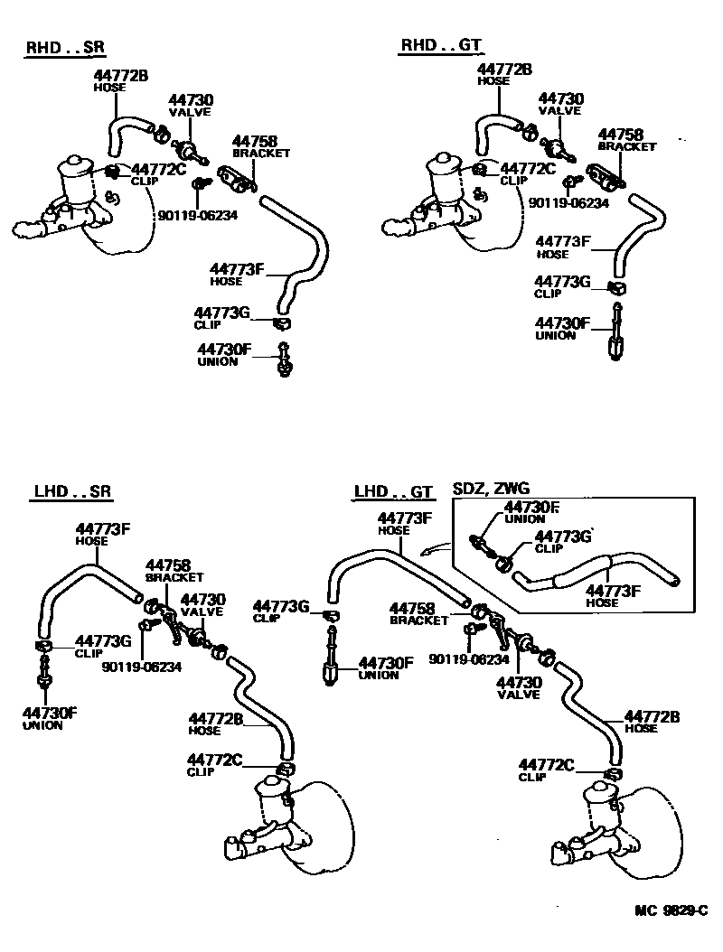 Toyota COROLLA 制动助力器和真空管 EPC diagram — MC9829C