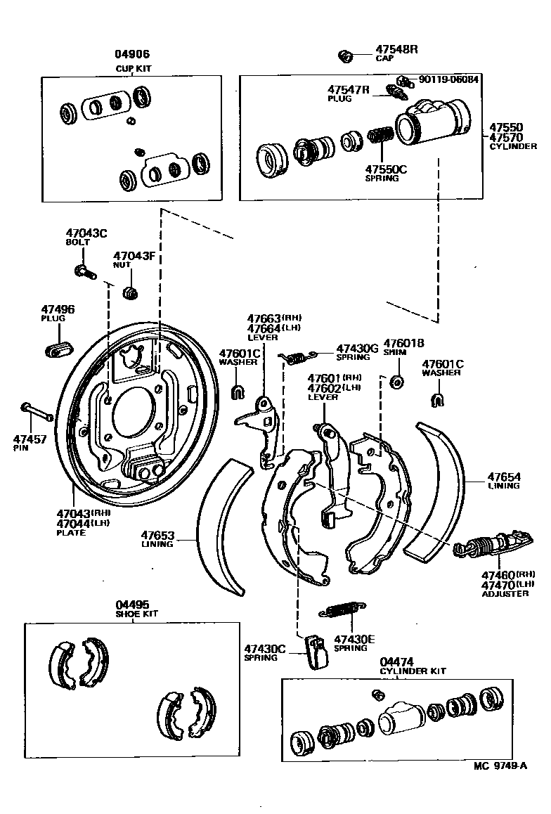 Toyota COROLLA 后鼓式制动器分泵和底板 EPC diagram — MC9749A