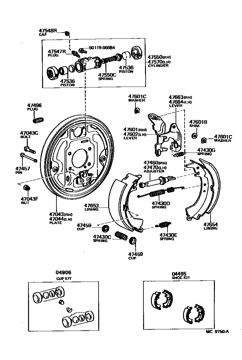 Toyota COROLLA 后鼓式制动器分泵和底板 EPC diagram — MC9750A