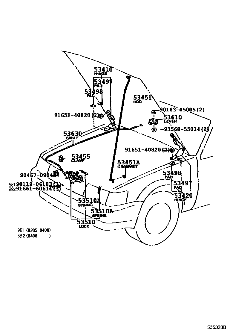 Toyota COROLLA 发动机盖锁和铰链 EPC diagram — 535328B