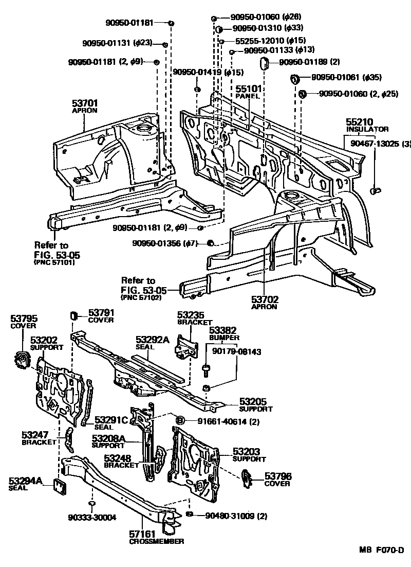 Toyota COROLLA 前翼子板挡泥板和前围板 EPC diagram — MBF070D