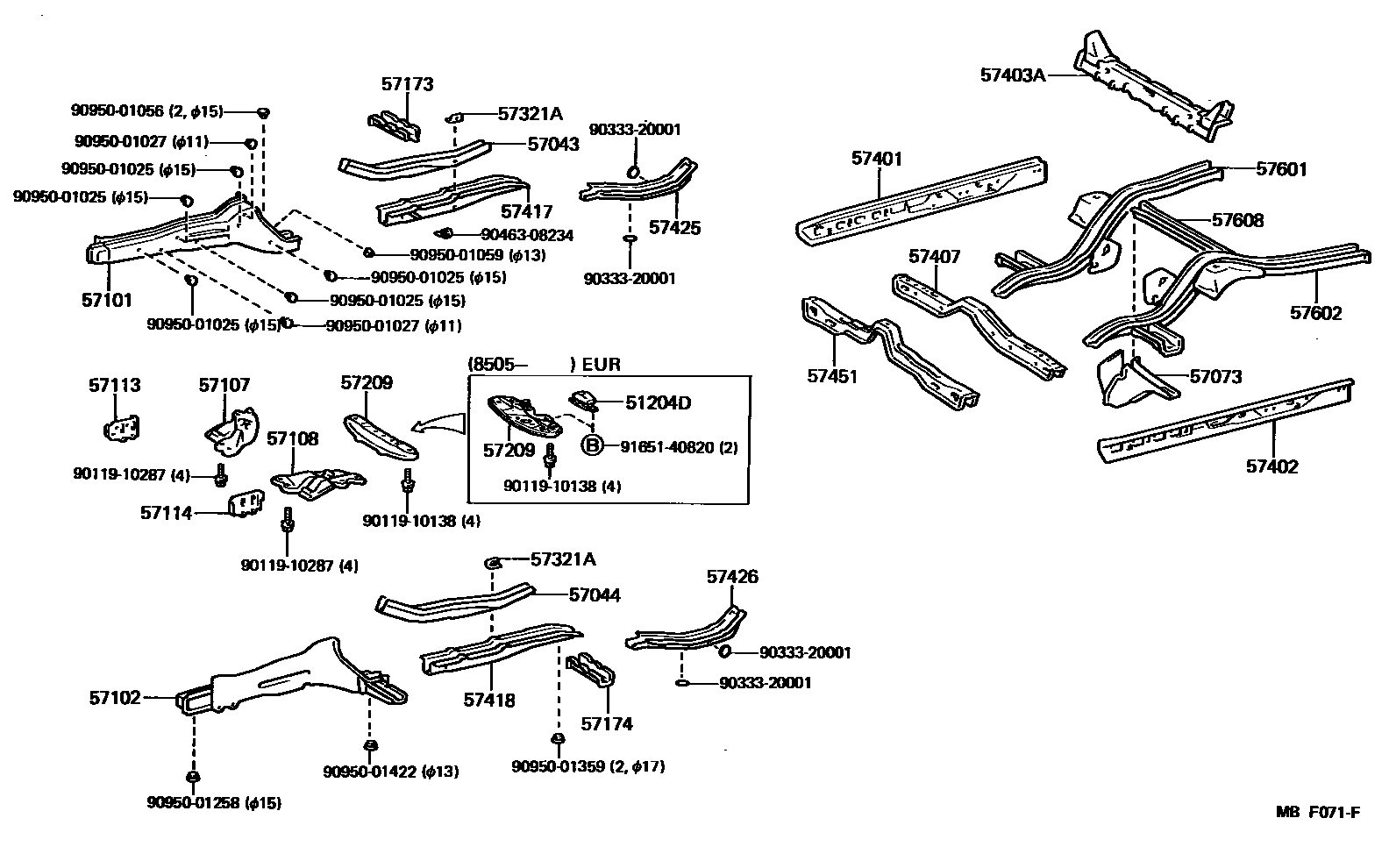 Toyota COROLLA Floor stringers EPC diagram — MBF071F