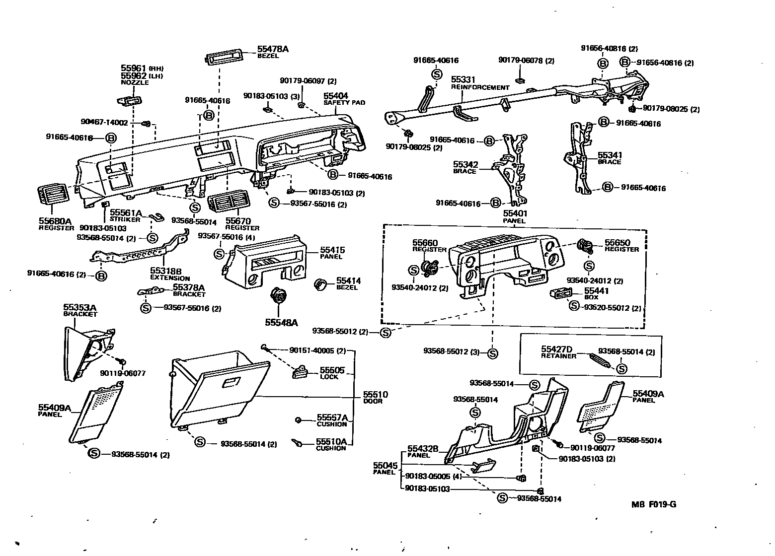 Toyota COROLLA 仪表板和手套箱 EPC diagram — MBF019G