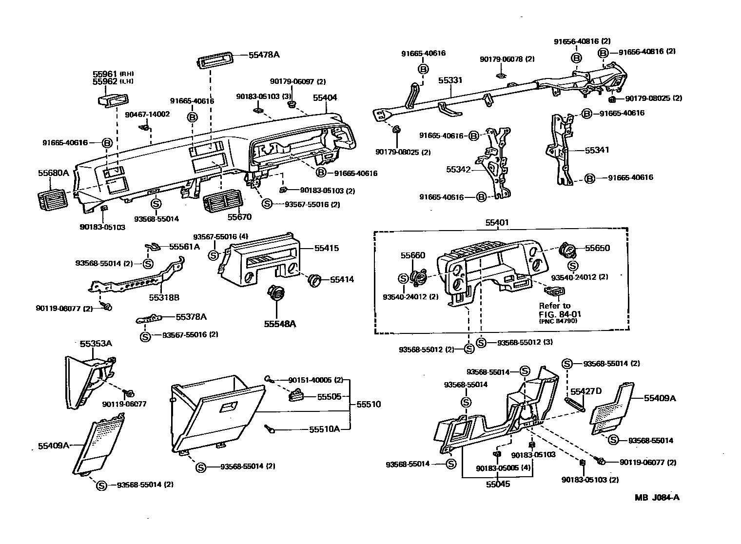 Toyota COROLLA 仪表板和手套箱 EPC diagram — MBJ084A