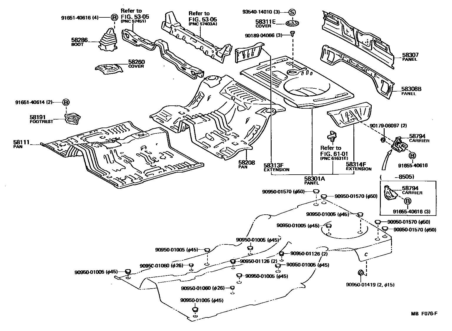 Toyota COROLLA 浅盘形地板和车身下背板 EPC diagram — MBF076F