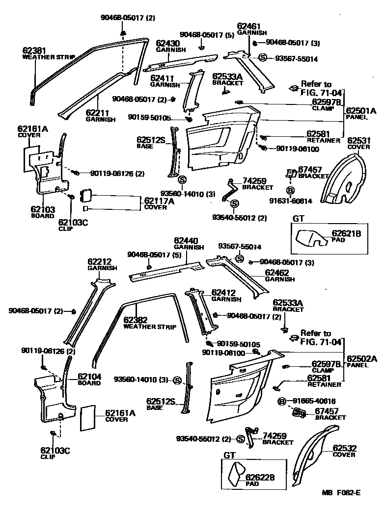 Toyota COROLLA 内饰板和车门防水胶条 EPC diagram — MBF082E