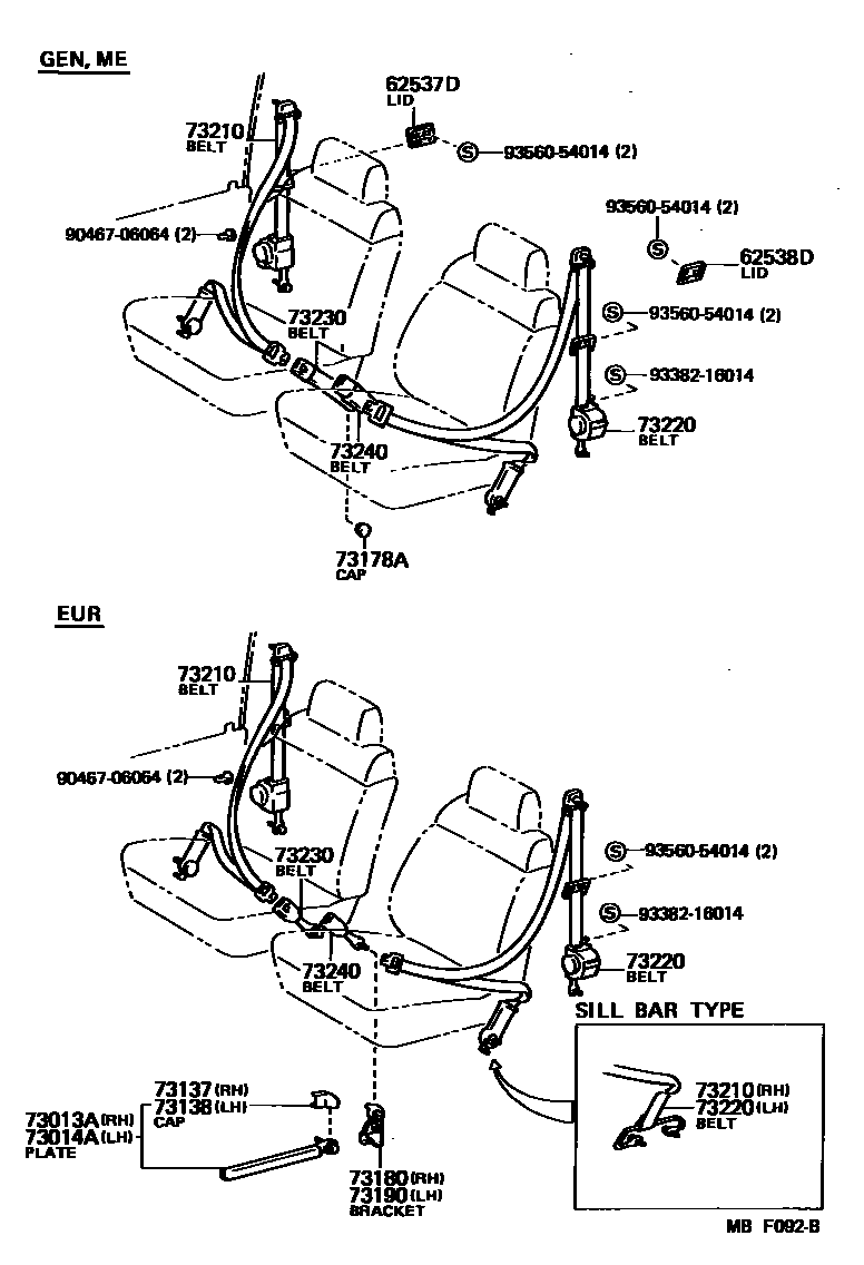 Toyota COROLLA 安全带和儿童保护座椅 EPC diagram — MBF092B