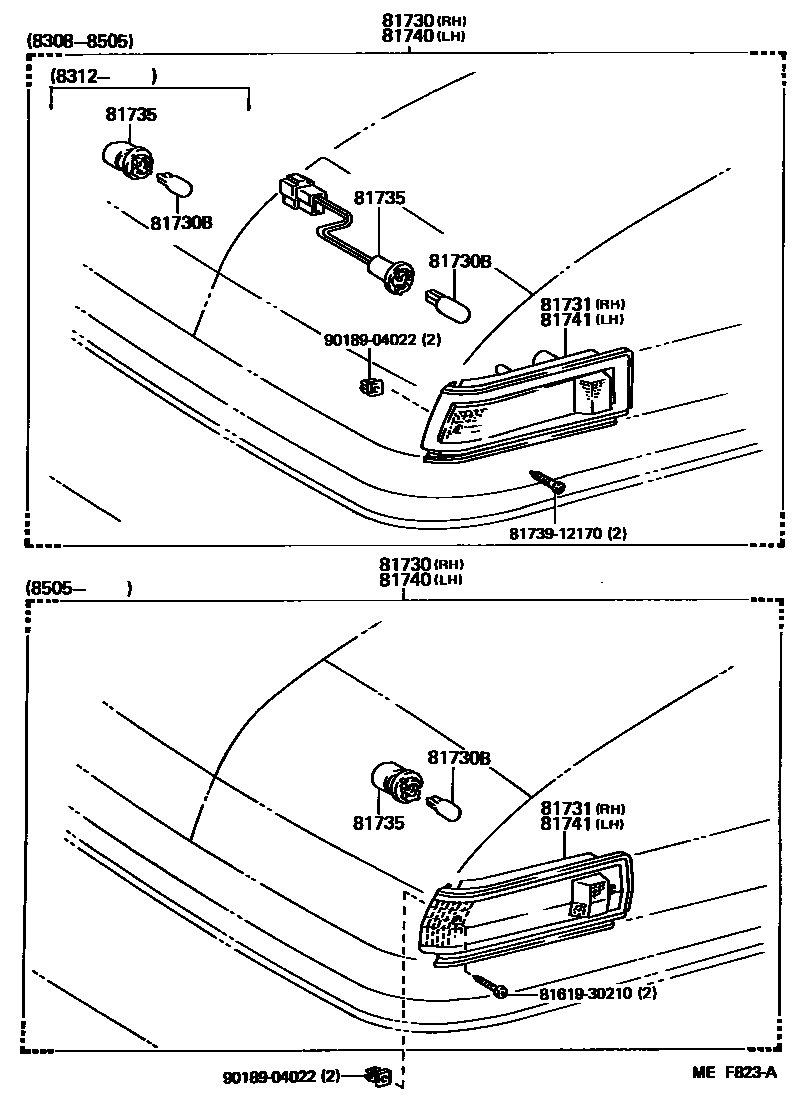 Toyota COROLLA Side Turn Signal & Outer Mirror Lamp EPC diagram — MEF823A
