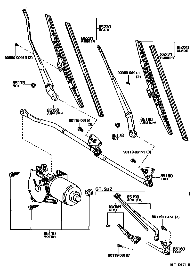 Toyota COROLLA 挡风玻璃刮水器 EPC diagram — MED171B
