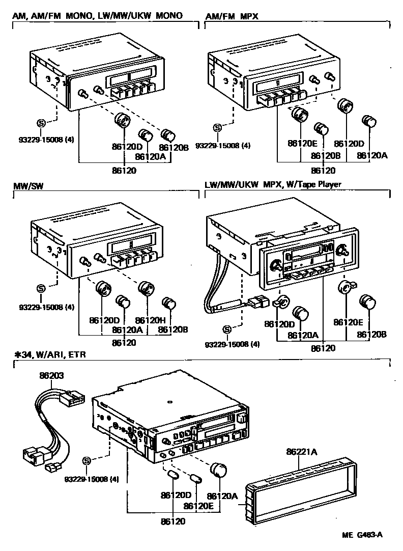 Toyota COROLLA 收音机、放大器和冷凝器 EPC diagram — MEG463A