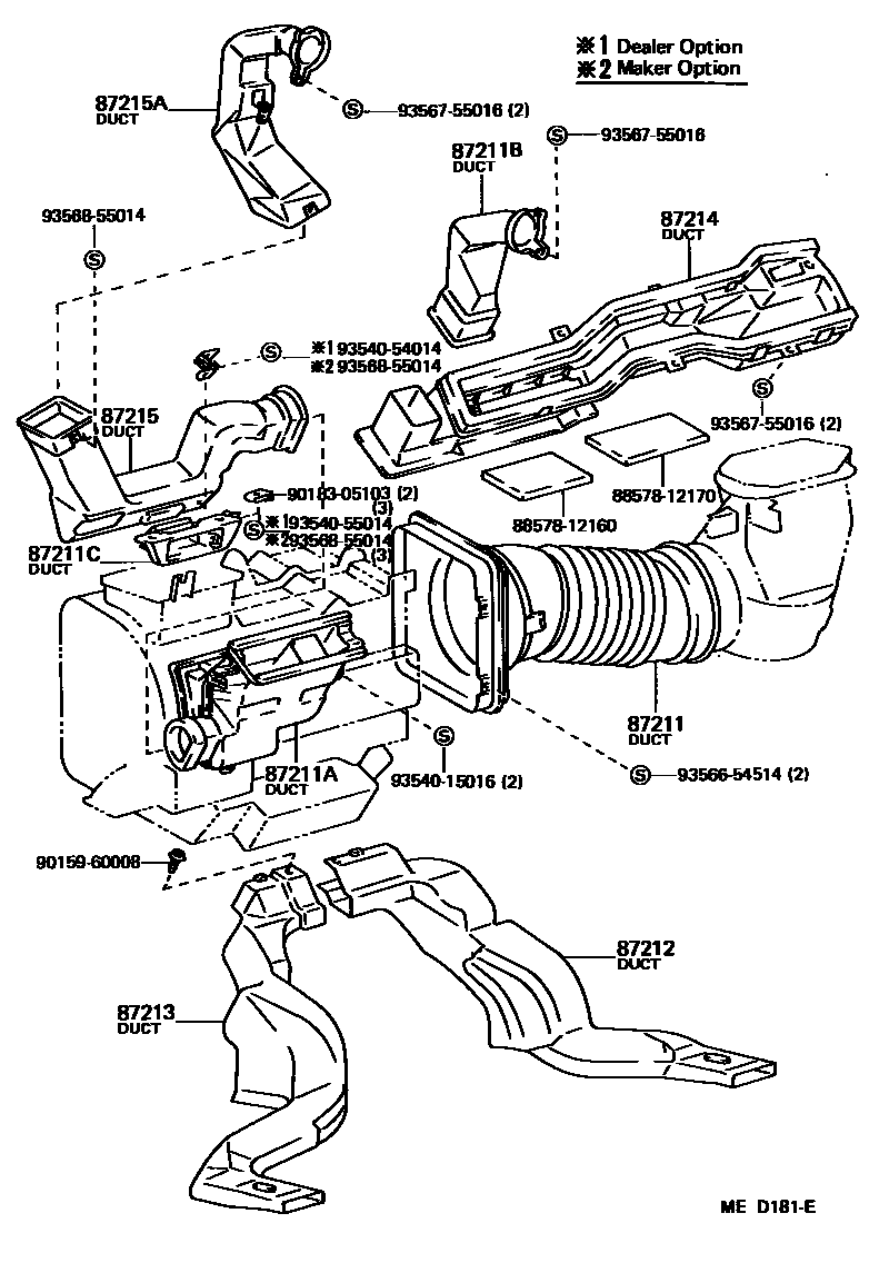 Toyota COROLLA 暖风和空调系统 - 控制器和风管 EPC diagram — MED181E