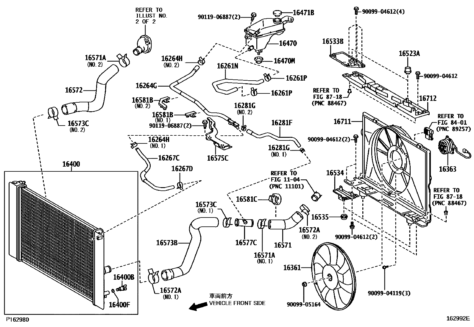 Toyota COROLLA RADIATOR & WATER OUTLET EPC diagram — 162992E