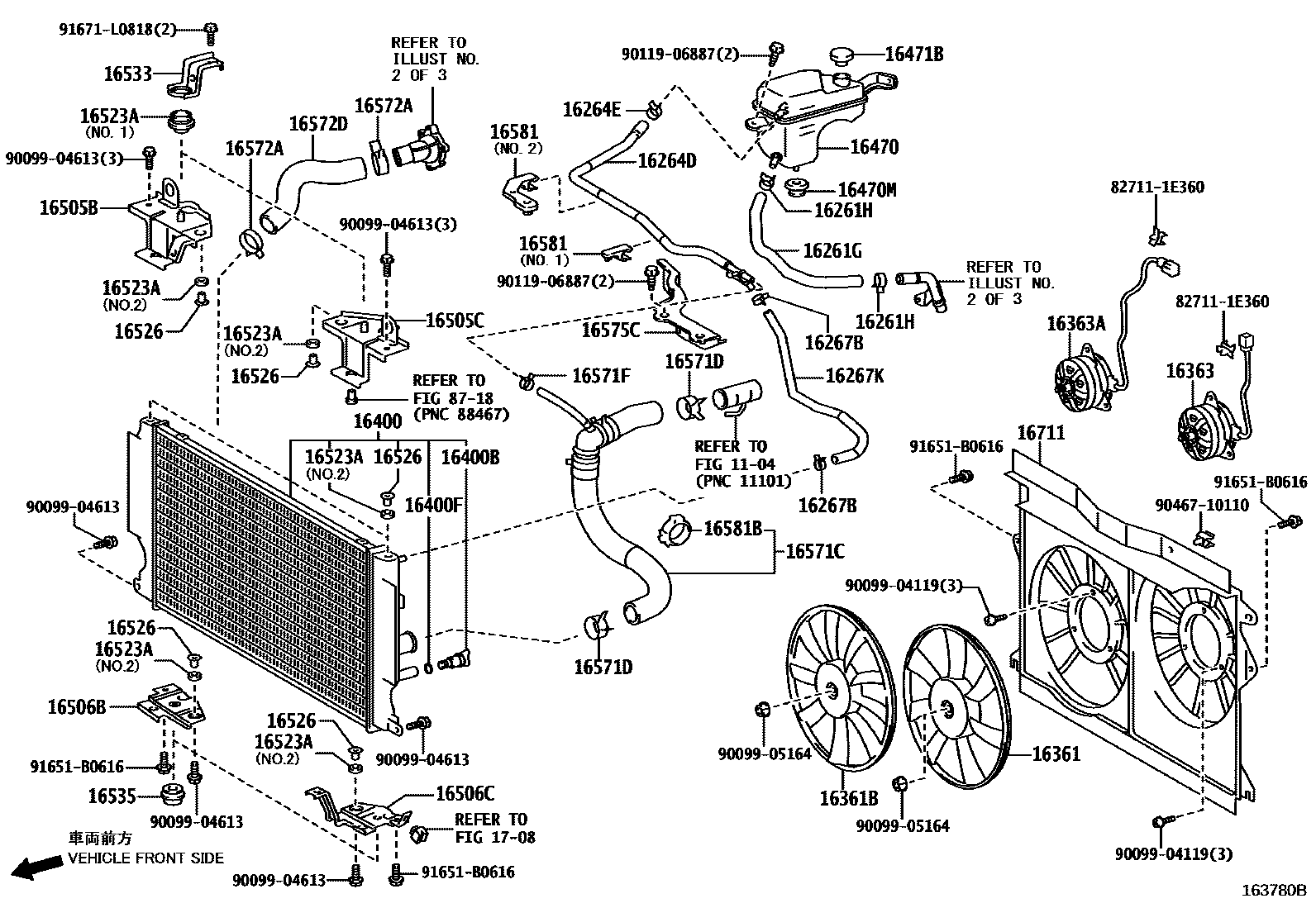 Toyota COROLLA RADIATOR & WATER OUTLET EPC diagram — 163780B