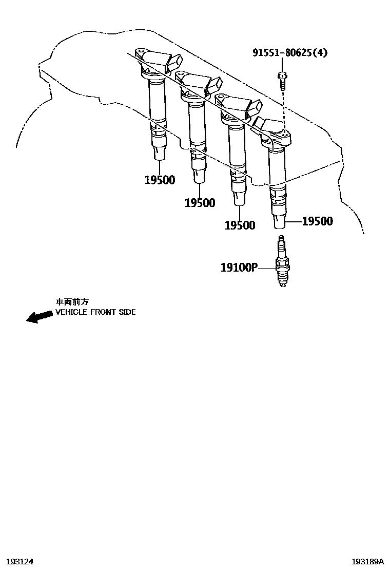 Toyota COROLLA 点火线圈和火花塞 EPC diagram — 193189A