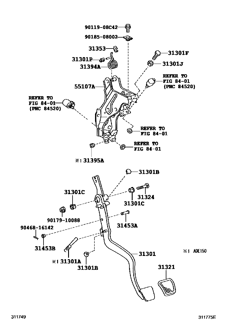 Toyota COROLLA 离合器踏板和挠性软管 EPC diagram — 311775E