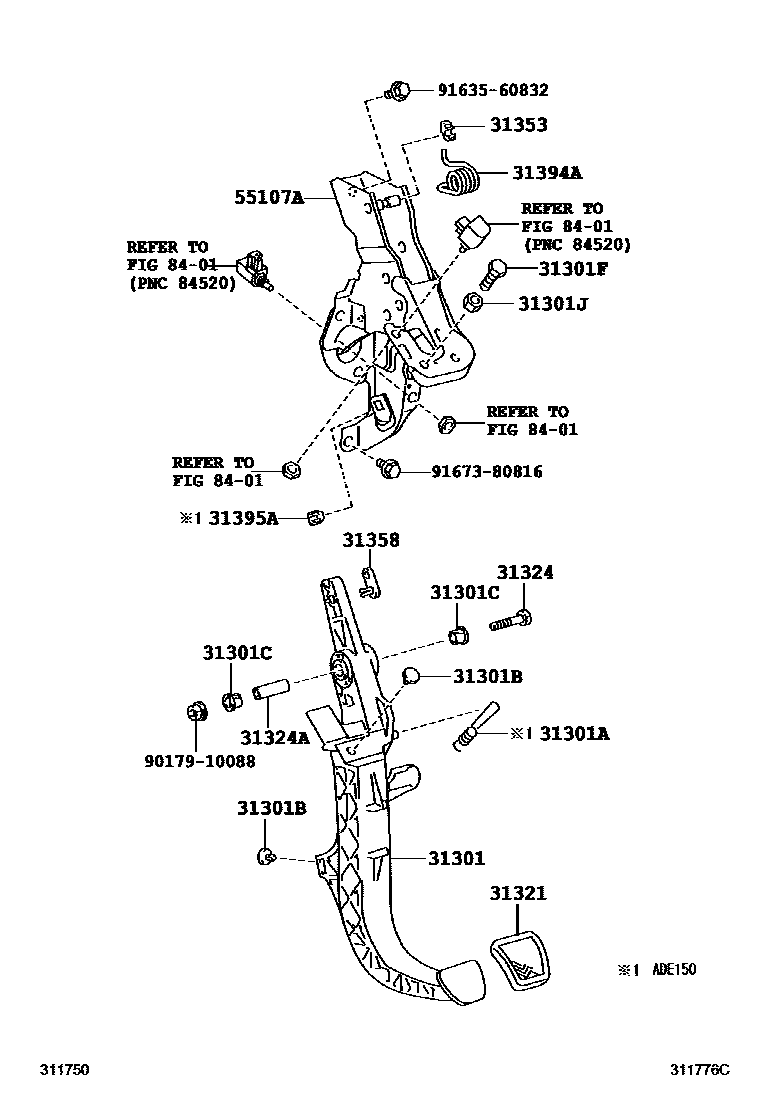Toyota COROLLA 离合器踏板和挠性软管 EPC diagram — 311776C