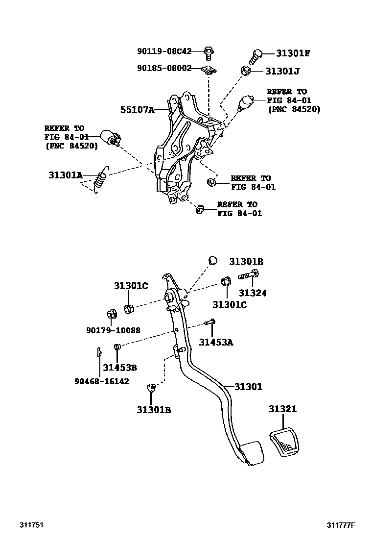 Toyota COROLLA 离合器踏板和挠性软管 EPC diagram — 311777F