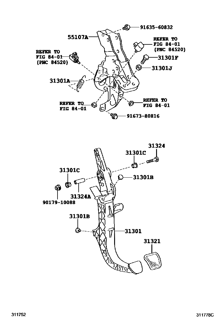 Toyota COROLLA 离合器踏板和挠性软管 EPC diagram — 311778C