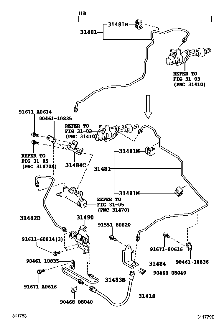 Toyota COROLLA 离合器踏板和挠性软管 EPC diagram — 311779E
