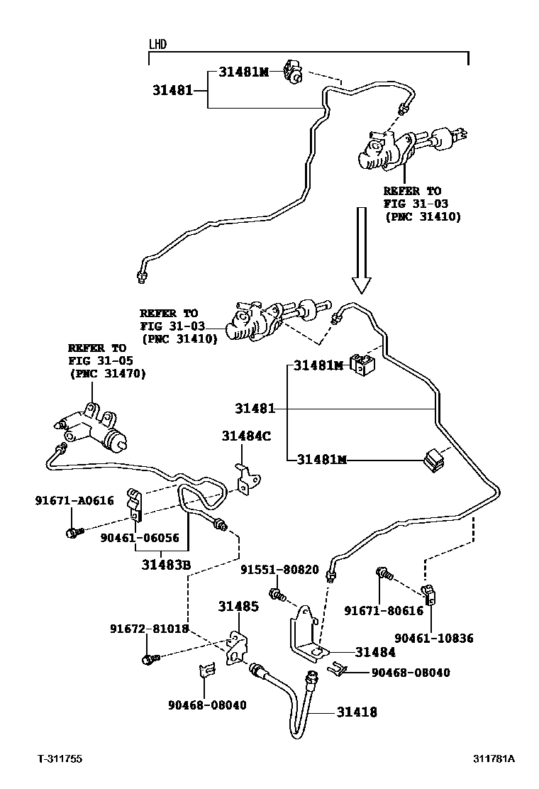 Toyota COROLLA 离合器踏板和挠性软管 EPC diagram — 311781A