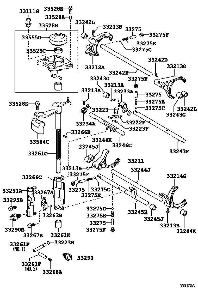 Toyota COROLLA 换档拨叉和换档杆轴(MTM) EPC diagram — 333170A