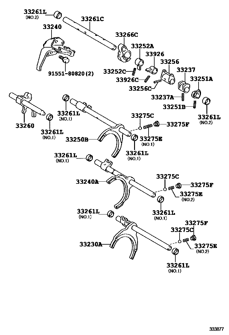 Toyota COROLLA 换档拨叉和换档杆轴(MTM) EPC diagram — 333877