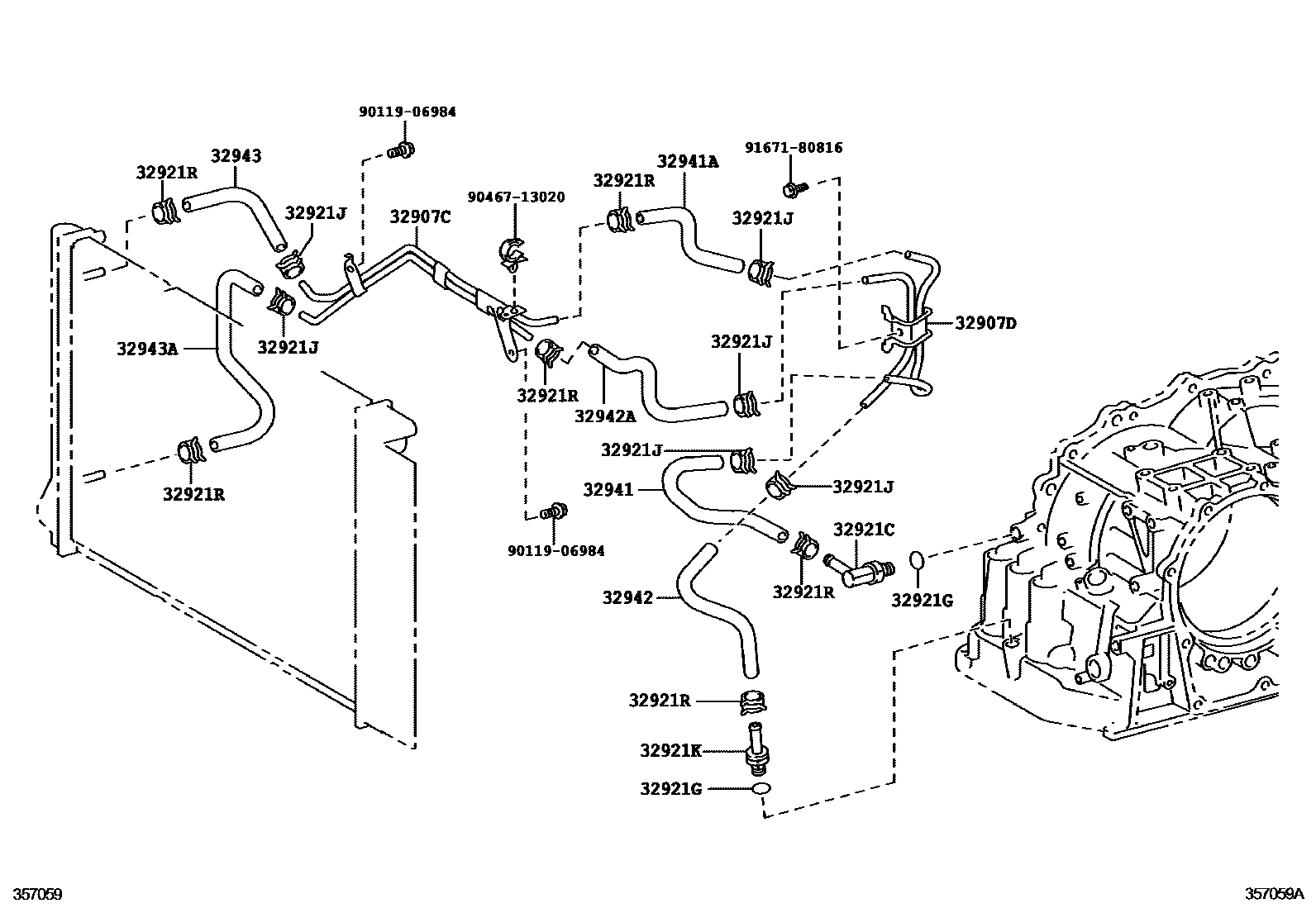 Toyota COROLLA 变速器油冷却器和配管(ATM) EPC diagram — 357059A